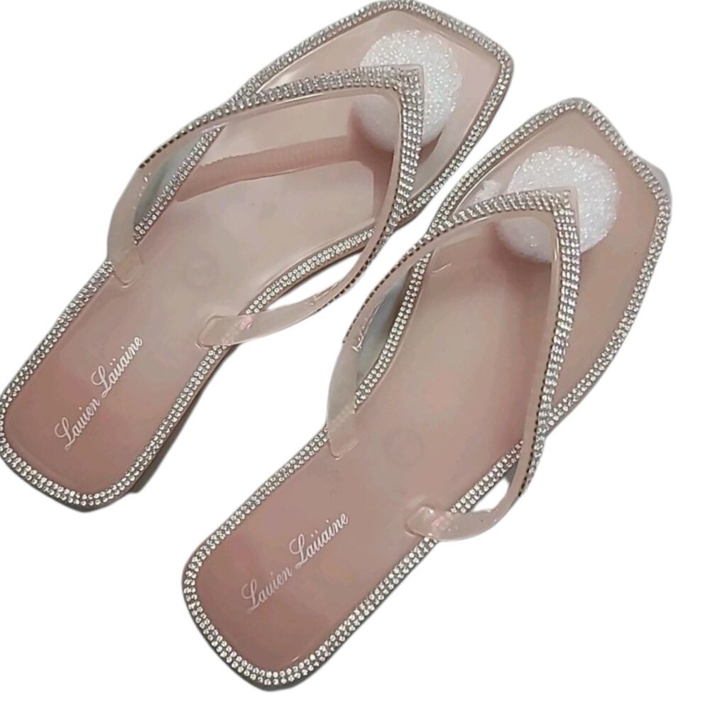 Lauren Lorraine Tampa Pink Sz 7 Flat Jelly Flip Flop RhinestoneThong Sandal~NIB